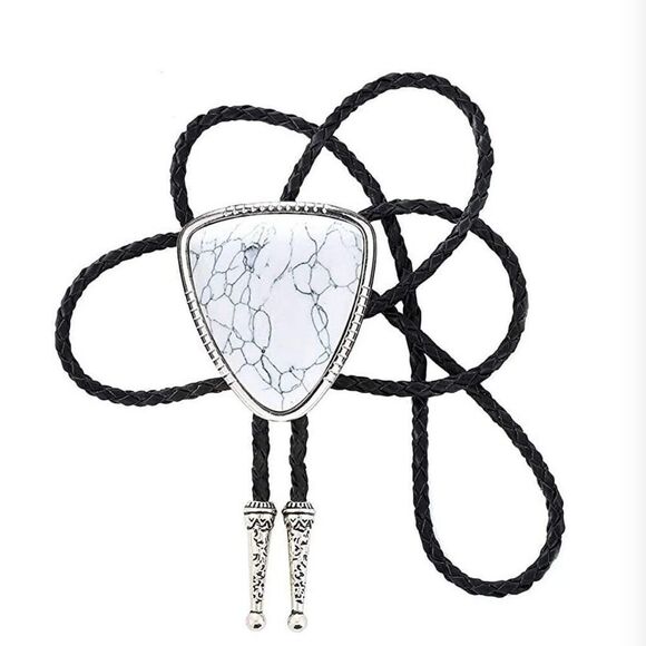 Triangle White Agate Stone Bolo Tie Mens Casual Western Cowboy Accessory - Picture 2 of 3
